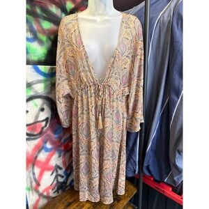 Sandy & Sid New York Pink Paisley V-Neck Tassel Kimono Small Sheer Cover Up BOHO